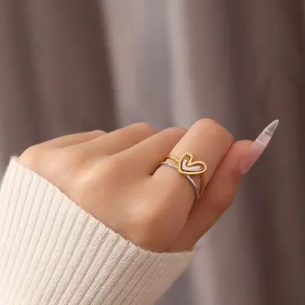 Two Tone Lovely Heart Rings (2 Pc)